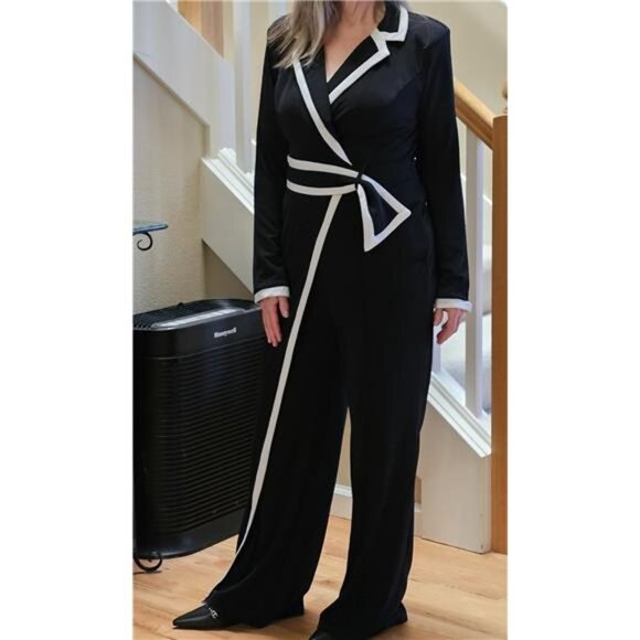 Women's Wrap Front Jumpsuit Long Sleeve Notched Collar Padded Shoulder - Picture 7 of 11